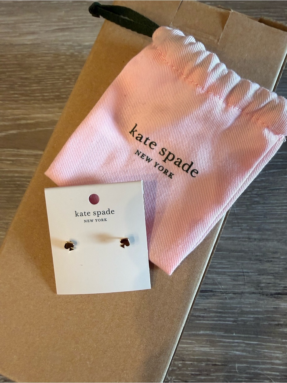 Kate Spade Gold Signature Stud Earrings with Pink Drawstring Pouch, NWT